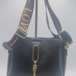 Black Shoulder Bag with Gold Accents